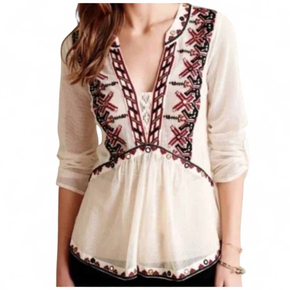 Anthropologie Akemi Kin Peasant Embroidered Top Cream Mesh Boho Blouse Small